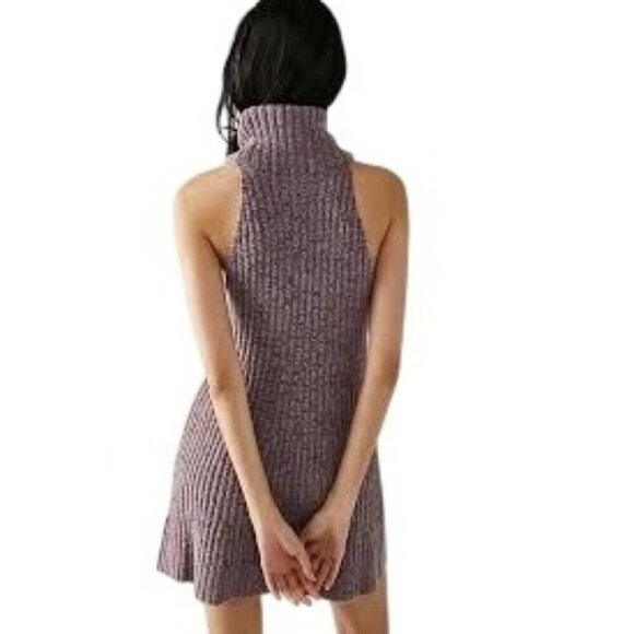 Free People Claude Mini Halter Dress Sz M Thick Rib Poly Knit Mock Neck Lavender - Picture 1 of 9